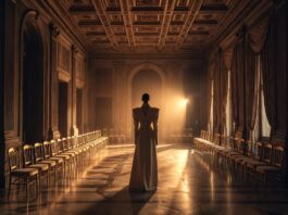 Model in sculptural Italian tailored coat walking a palazzo runway, representing the history of Milan Fashion Week from 1958 to now
