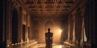 Model in sculptural Italian tailored coat walking a palazzo runway, representing the history of Milan Fashion Week from 1958 to now