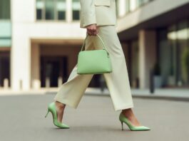 Woman styling seafoam green heels during the millennial mint shoes trend in spring 2026 fashion