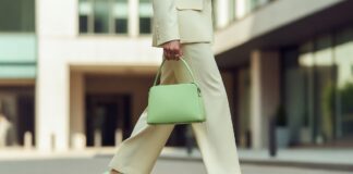 Woman styling seafoam green heels during the millennial mint shoes trend in spring 2026 fashion