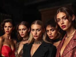 Diverse emerging runway models posing in a luxury fashion editorial inspired by 2026 campaign trends