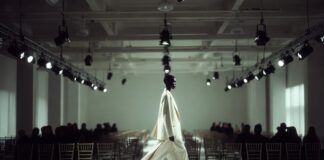 Model in structured ivory tailoring on the NYFW Spring 2026 runway, representing Runway Magazine's complete ranking of every major New York Fashion Week collection
