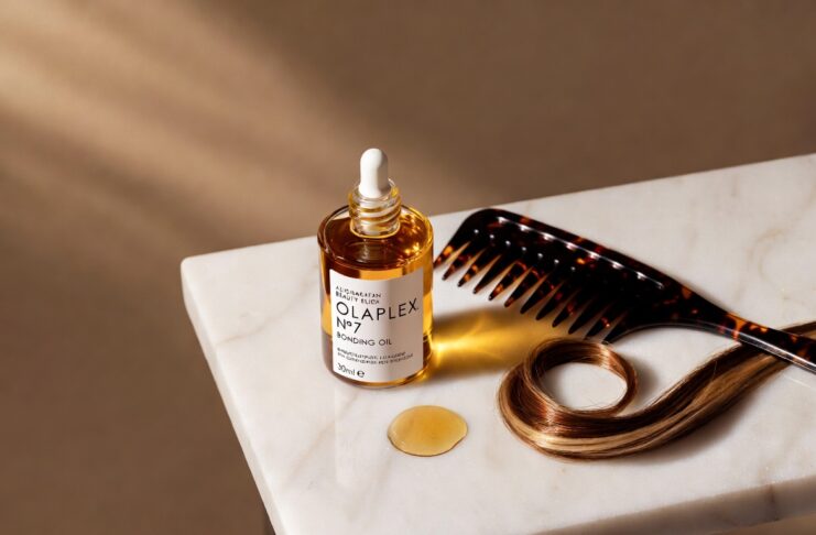 Olaplex No.7 Bonding Oil 30ml bottle on a white marble surface with a wide-tooth comb and glossy highlighted hair strand, editorial beauty product photography for a 2026 haircare review.