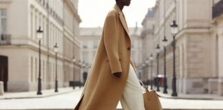 Quiet Luxury Evolves Into “Soft Power Dressing” Across Global Fashion Weeks Model in a precisely tailored elongated camel overcoat and wide-leg trousers on a European street representing the quiet luxury 2026 evolution into soft power dressing across global fashion weeks