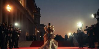 Red Carpet & Events Hub: Every Major Ceremony, Gala & Award Show A figure in a sculptural designer gown arrives on the red carpet at a major award show ceremony, representing Runway Magazine's complete red carpet fashion hub
