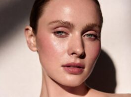Editorial beauty image inspired by Rhode Beauty’s soft-blush makeup trend and creamy Pocket Blush collection