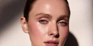 Editorial beauty image inspired by Rhode Beauty’s soft-blush makeup trend and creamy Pocket Blush collection