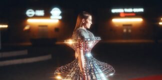 Female model in a chrome silver structured metallic gown with fur collar trim on a red carpet at night, illustrating Zendaya's futuristic fashion aesthetic and the metallic gown trend defining celebrity red carpet style in 2026.