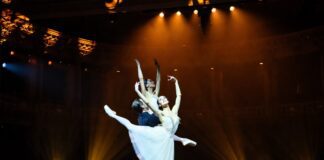 Ballet dancers in white tutu and classical Swan Lake staging on the Metropolitan Opera House stage representing American Ballet Theatre's 2026 summer season with Swan Lake, Don Quixote, Onegin, and Sylvia at Lincoln Center