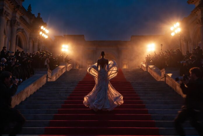 A figure in sculptural custom couture ascending the Metropolitan Museum steps at the Met Gala representing Runway Magazine's complete documentation of all 12 Kim Kardashian Met Gala looks