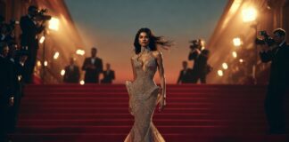A figure in sculptural custom couture on a red carpet representing the Zendaya stylist Law Roach partnership documented in Runway Magazine's complete story of their decade-long collaboration